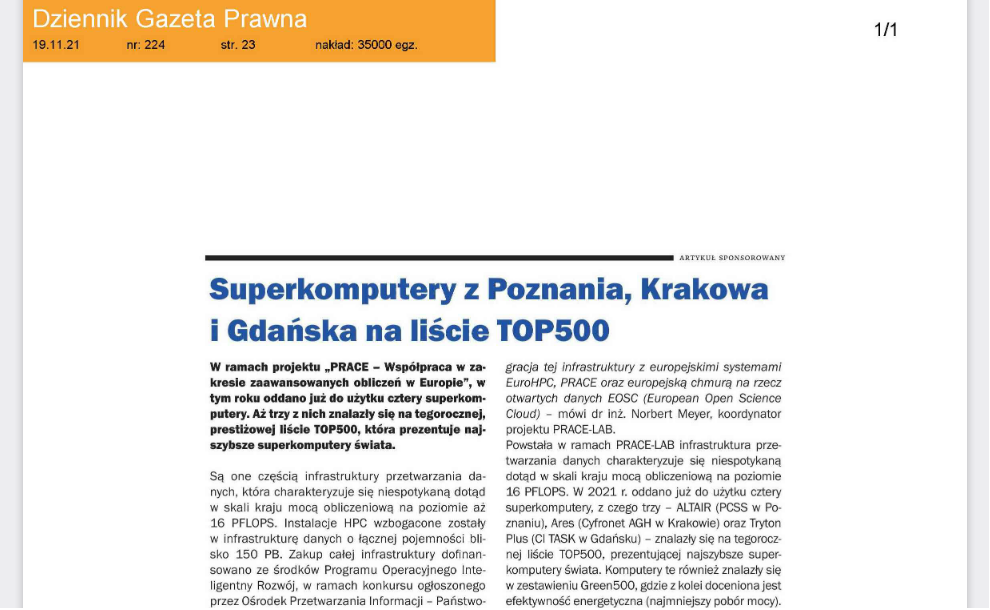 Read more about the article Piszą o nas: Dziennik Gazeta Prawna o superkomputerach na liście TOP500